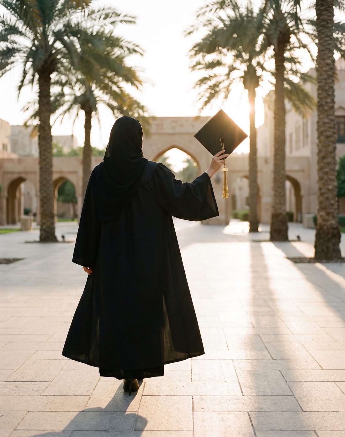 Graduate raising her cap on campus at golden hour